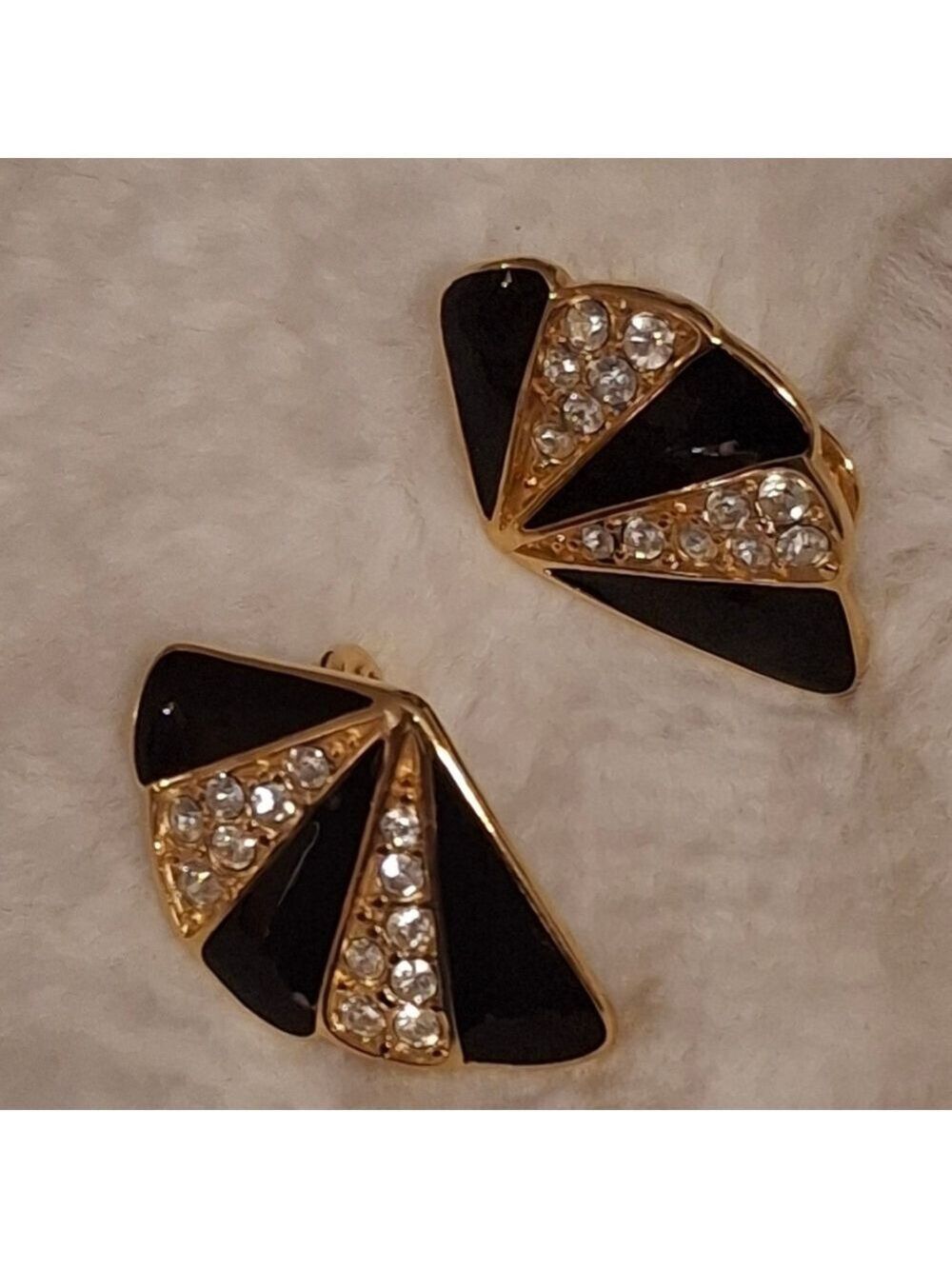 Vintage Monet Retro Black and Gold Fan Postback Earrings